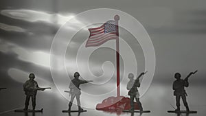 Figures of soldiers. Silhouette of a soldier against us flag background