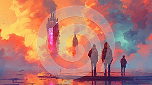 Figures standing before a futuristic cityscape under a vibrant sunset., Generated AI