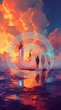 Figures standing before a futuristic cityscape under a vibrant sunset., Generated AI