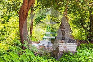 Figures stupas holy shrines in tropical jungle Koh Samui Thailand