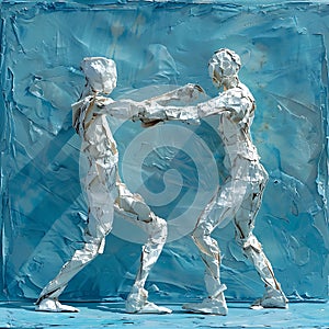 Figures of two fighting people made of crumpled paper, fight,