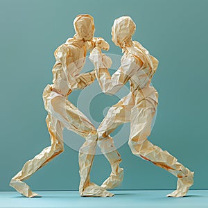 Figures of two fighting people made of crumpled paper, fight, quarrel, hooliganism, fighting, duel.