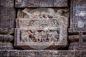 Figures of war elephants at 800 year old Sun Hindu Temple, Konark, Orissa, India