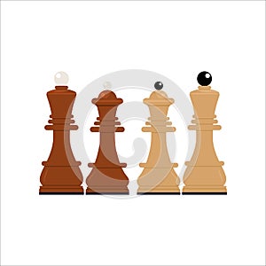 Figures of wooden chess. King, queen of opposing teams. Flat style Vector Illustration