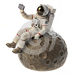 Astronaut sitting on the moon taking a selfie, figurine isolated on white background photo