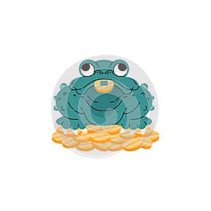 A figurine of a frog sitting on gold coins. Vector image of a green toad holding a gold coin in its mouth.