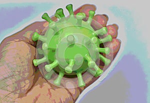 figurine in the shape of a virus on the palm