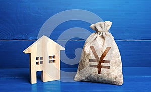 Figurine silhouette house and chinese yuan or japanese yen money bag. Buying and selling real estate. Maintenance, property