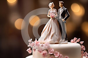 Figurines of the bride and groom on a wedding cake. Close-up of wedding cake topper. Traditional wedding sweets and decorations