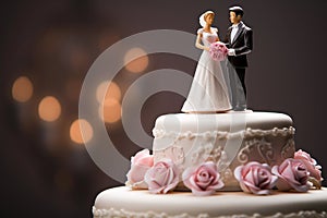 Figurines of the bride and groom on a wedding cake. Close-up of wedding cake topper. Traditional wedding sweets and decorations