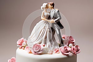 Figurines of the bride and groom on a wedding cake. Close-up of wedding cake topper. Traditional wedding sweets and decorations
