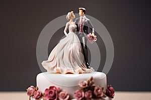 Figurines of the bride and groom on a wedding cake. Close-up of wedding cake topper. Traditional wedding sweets and decorations