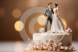 Figurines of the bride and groom on a wedding cake. Close-up of wedding cake topper. Traditional wedding sweets and decorations