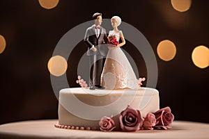 Figurines of the bride and groom on a wedding cake. Close-up of wedding cake topper. Traditional wedding sweets and decorations