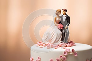 Figurines of the bride and groom on a wedding cake. Close-up of wedding cake topper. Traditional wedding sweets and decorations