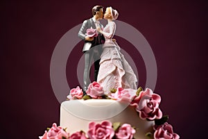 Figurines of the bride and groom on a wedding cake. Close-up of wedding cake topper. Traditional wedding sweets and decorations