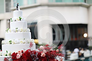 Figurines of the bride and groom on a wedding cake.Funny figurines suite at a luxury wedding white cake decorated .