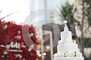 Figurines of the bride and groom on a wedding cake.Funny figurines suite at a luxury wedding white cake decorated .