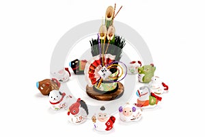Figurines of the zodiac and New Year's pine.