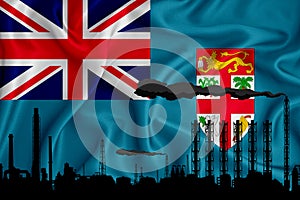 Fiji flag, background with space for your logo - industrial 3D illustration.Silhouette of a chemical plant, oil refining, gas,