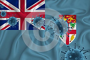 Fiji flag. Blue viral cells, pandemic influenza virus epidemic infection, coronavirus, infection concept. 3d-rendering
