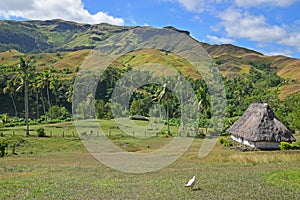 A Fijian bure on the right overlooking the valley of Navala, a village in the Ba Highlands of northern central Viti Levu, Fiji