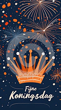 Fijne Koningsdag or Happy King's Day text for Kingsday celebration in the Netherlands. Orange crown and fireworks on