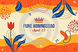 Fijne Koningsdag vector illustration. Happy King\'s Day April 27. Tulip and Memphis poster design