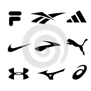 Fila Reebok, Adidas, Nike Brooks, Puma Under armour, Mizuno, Asics - logos of sports equipment and sportswear company. Kyiv,