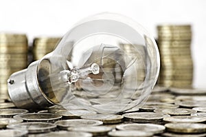 Filament bulb lying on coins photo