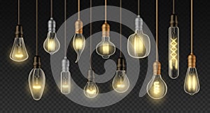 Filament lamps. Realistic incandescent light bulbs of different types and shapes, retro loft interior decoration lamp