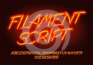 Filament Script alphabet font. Glowing neon letters and numbers.