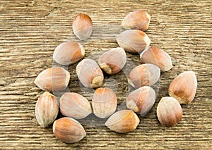 Filberts on a wooden table. Close-up shot.