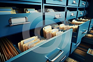 File cabinet with a wide open drawer full of files. Generative AI