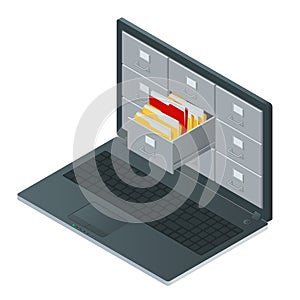 File cabinets inside the screen of laptop computer. Laptop and file cabinet. Data storage 3d isometric illustration