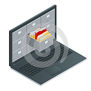 File cabinets inside the screen of laptop computer. Laptop and file cabinet. Data storage 3d isometric illustration