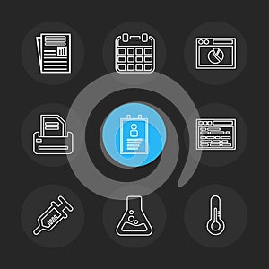 file , calender ,web , printer , profile , web , syringe , flask