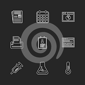 file , calender ,web , printer , profile , web , syringe , flask