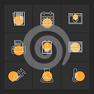 file , calender ,web , printer , profile , web , syringe , flask