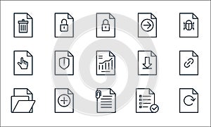 file and document outline line icons. linear set. quality vector line set such as update, attachment, folder, list, add, click,