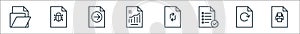 file and document outline line icons. linear set. quality vector line set such as print, update, list, refresh, report, sending,