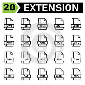 File extension icon set include dwt, js, json, dcr, stc, awm, cha, gne, rjs, dml, aro, jss, p7b, stml, chm, url, dap, w4p, wsdl, photo