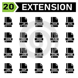File extension icon set include dwt, js, json, dcr, stc, awm, cha, gne, rjs, dml, aro, jss, p7b, stml, chm, url, dap, w4p, wsdl, photo