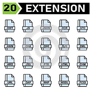 File extension icon set include dwt, js, json, dcr, stc, awm, cha, gne, rjs, dml, aro, jss, p7b, stml, chm, url, dap, w4p, wsdl, photo