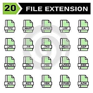 File extension icon set include tpz, mart, apnx, lrf, ea, lrs, tr, tk3, mobi, aep, azw3, dnl, fb2, azw4, ebk, kfx, rzs, ybk, epub