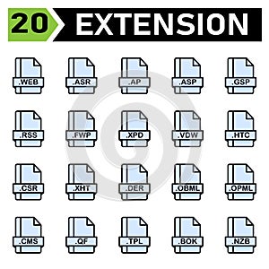 File extension icon set include web, asr, ap, asp, gsp, rss, fwp, xpd, vdw, htc, csr, xht, der, obml, opml, cms, qf, tpl, bok, nzb