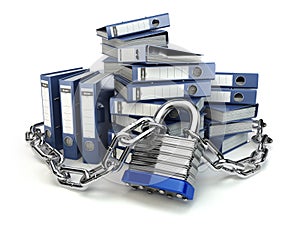 File folder and chain with lock. Data and privacy security. Info