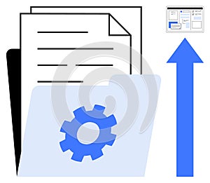File Folder with Gear and Arrow Representing Data Upload, Organization, and Synchronization