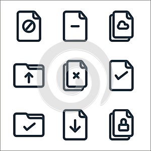 file and folder line icons. linear set. quality vector line set such as lock, download file, folders, selected, delete selection,