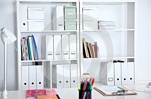 File folders, standing on the shelves at office.